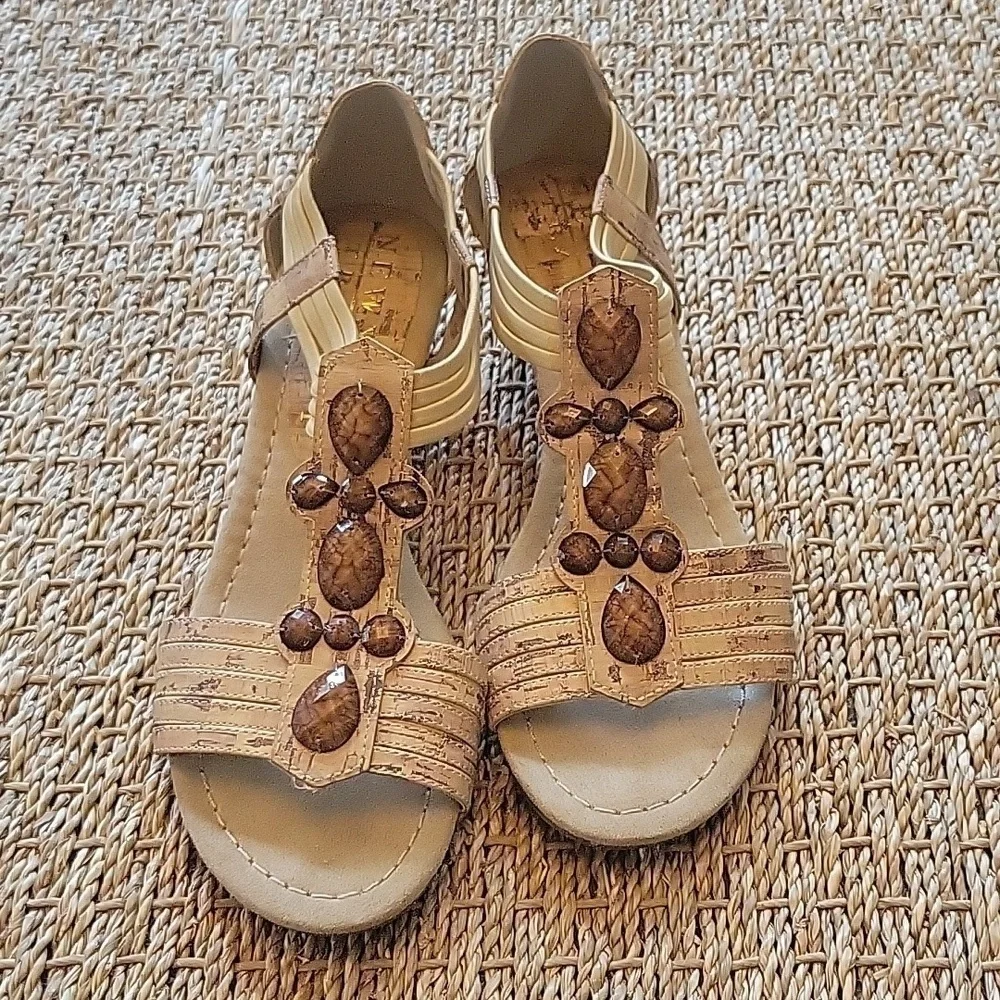 NEW YORK TRANSIT cork sandals with beads.  Size is 7W.